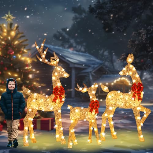 HbSpacstial 48 Inch 2.5D Gold Lighted Christmas Deer Decorations 3-Piece Outdoor Holiday Decorations Reindeer Set with 145 Warm White LEDs Large Yard Display for Garden Storefront
