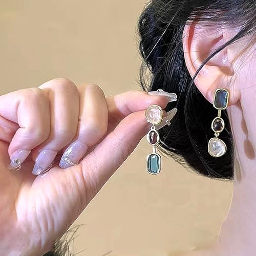 Colorful Three Layered Crystal Tassel Earrings, Boho Asymmetry Gemstone Long Dangle Earrings, Vintage French Drop Jewelry Gifts for Women2