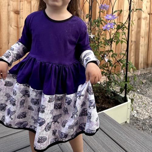 Fall Winter Girls Long Sleeve Dress - Soft Organic 100% Cotton Purple Hippo Animal Print - Casual School Playwear3