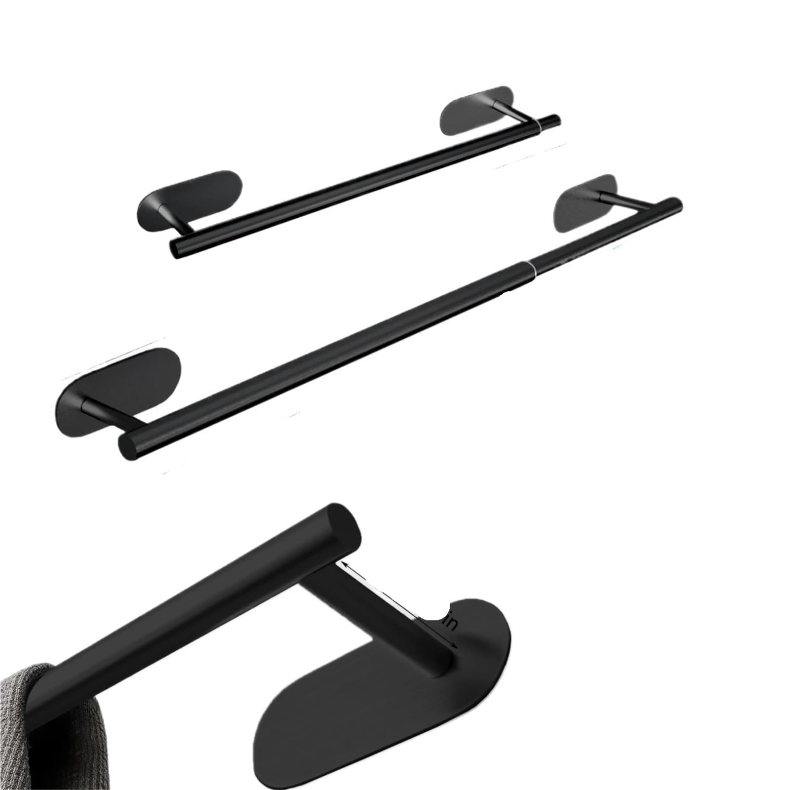 Drillless Bathroom Towel Rack Stainless Hanger Retractable 40cm To 59cm Adhesive Holder Rail for Bathroom(Black)