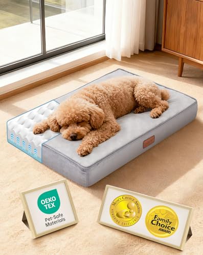OhGeni Orthopedic Waterproof Dog Bed for Small Dogs Machine-Washable Removable Cover in Easy-Clean Fabric Reversible Memory Foam & Easy-Carry Handle Suitable for Crate 24 inch (Gray)