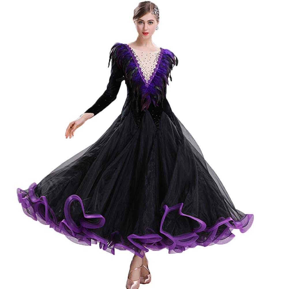 Abiti da Ballo da Competizione A Maniche Lunghe Abbigliamento Professionale per Danza Moderna Gonna A Ruota Grande con Piume per Banchetto da Donna Abito da Tango