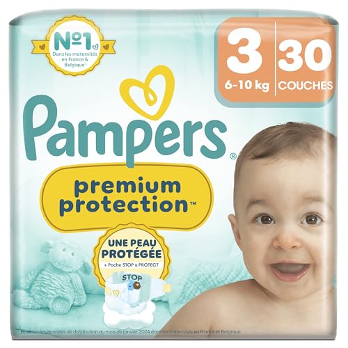 Pampers Premium Protection Taille 3, 30 Couches, 6kg-10kg, Double Protection Pour La Peau Et Contre Les Fuites