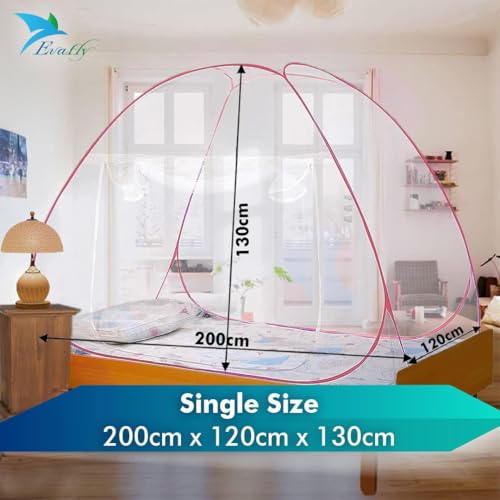 Image of Evafly Mosquito Net for Single Bed with Heart Design | Premium Polyester Mesh | Foldable Pop Up Bed Net | Fine Mesh Protection from Mosquitoes & Insects | Easy Setup, Washable | Red