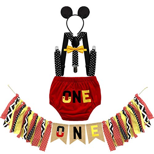 MYRISAM Baby Boys First Birthday Cake Smash Photo Prop Outfits ONE Bloomers Bow Tie Suspender Headband w/Highchair Banner