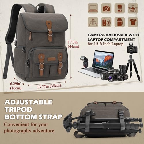 Image of RAINSMORE Camera Backpack, DSLR SLR Mirrorless Camera Bag for Photographer | 15.6 Inch Vintage Canvas Camera Case with Laptop Compartment & Tripod Holder & Rain Cover for Sony Canon Nikon Fujifilm Grey