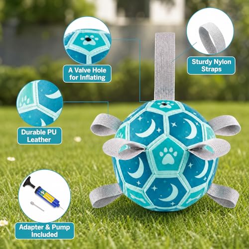 Image of Dog Toys Balls, Dog Soccer Ball with Straps, Dog Birthday Gifts, Durable Balls for Small Medium Pet, Puppy Outdoor Toy, Pet Training Soccer Ball, World Cup Soccer (6 Inch) (Blue, Medium)