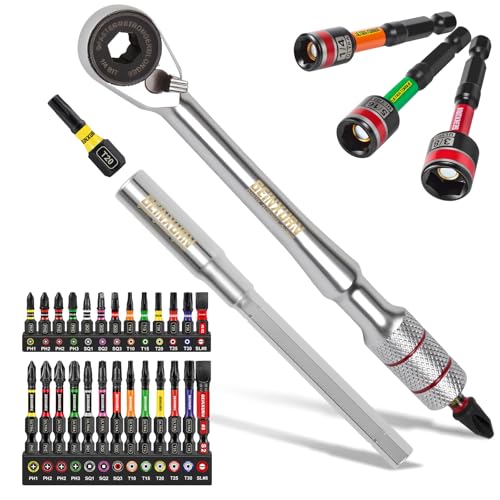Geinxurn 33Pcs T-Handle Ratchet Wrench Set,72-Tooth 1/4" Reversible Ratchet with Nut Driver, Extension Bar, and 1”Impact Magnetic (Phillips/Torx/Slotted) Screwdriver Bit in Coded Base for Repair