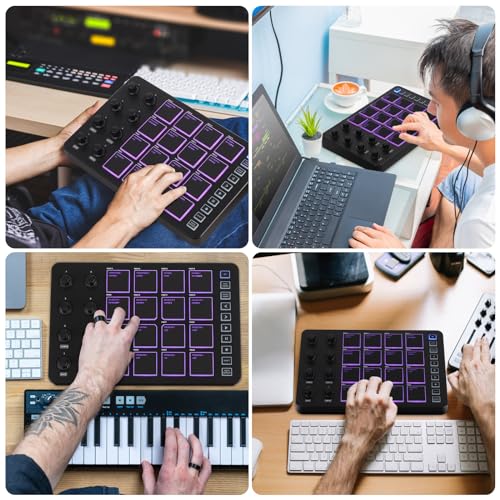 Image of M-WAVE Wireless MIDI Controller Pads, Bluetooth Portable USB MIDI Controller with 16 MPC Drum Pads, 8 Assignable Knobs, Note Repeat, Full Level Buttons, Rechargeable battery (Black Pad)