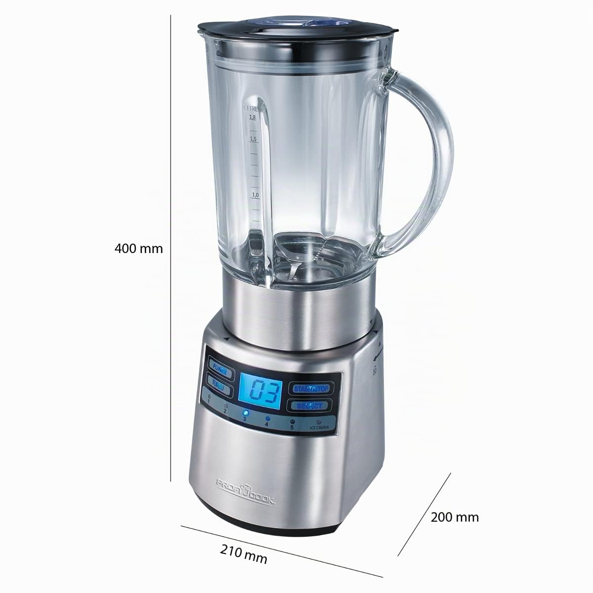 ProfiCook PC-UM 1006 Batidora de vaso, Jarra de cristal, 1.8 litros, Regulador velocidad electrónico, 1200 W, 1 Decibelios, Vidrio, Negro y gris