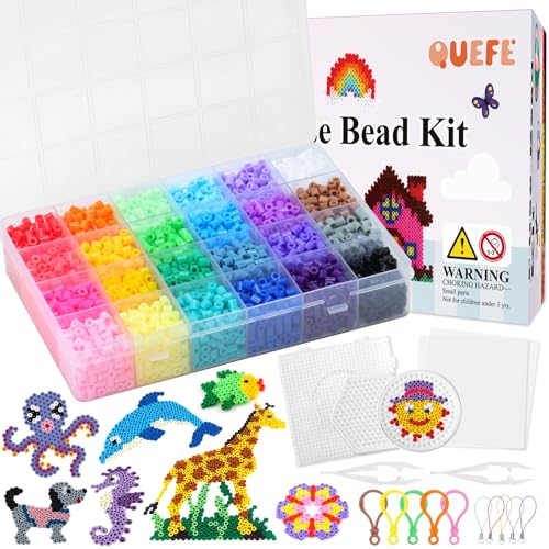 QUEFE 5200pcs Fuse Beads Kit for Boys and Girls 24 Colors 5mm Melting Beads Set Including Pegboards Ironing Paper Tweezers Colorful Hooks for Birthday and Christmas Gift
