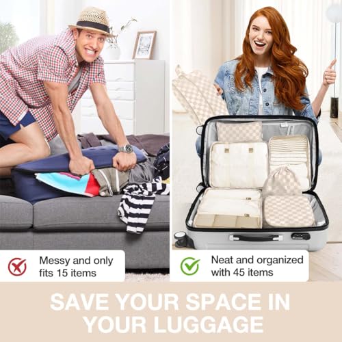 Image of Packing Cubes for Travel, Packing Cubes with Shoe, Cosmetics, Clothing,and Accessories Bags, Travel Cubes for Packing Suitcase Organizer for Women Men, Khaki Grid-A, Large