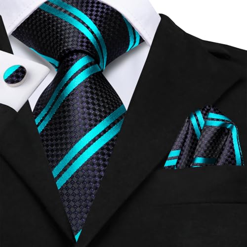 Image of Dubulle Mens Paisley Black Teal Striped Tie and Handkerchief Cufflinks Tie Set for Men Wedding Business Formal