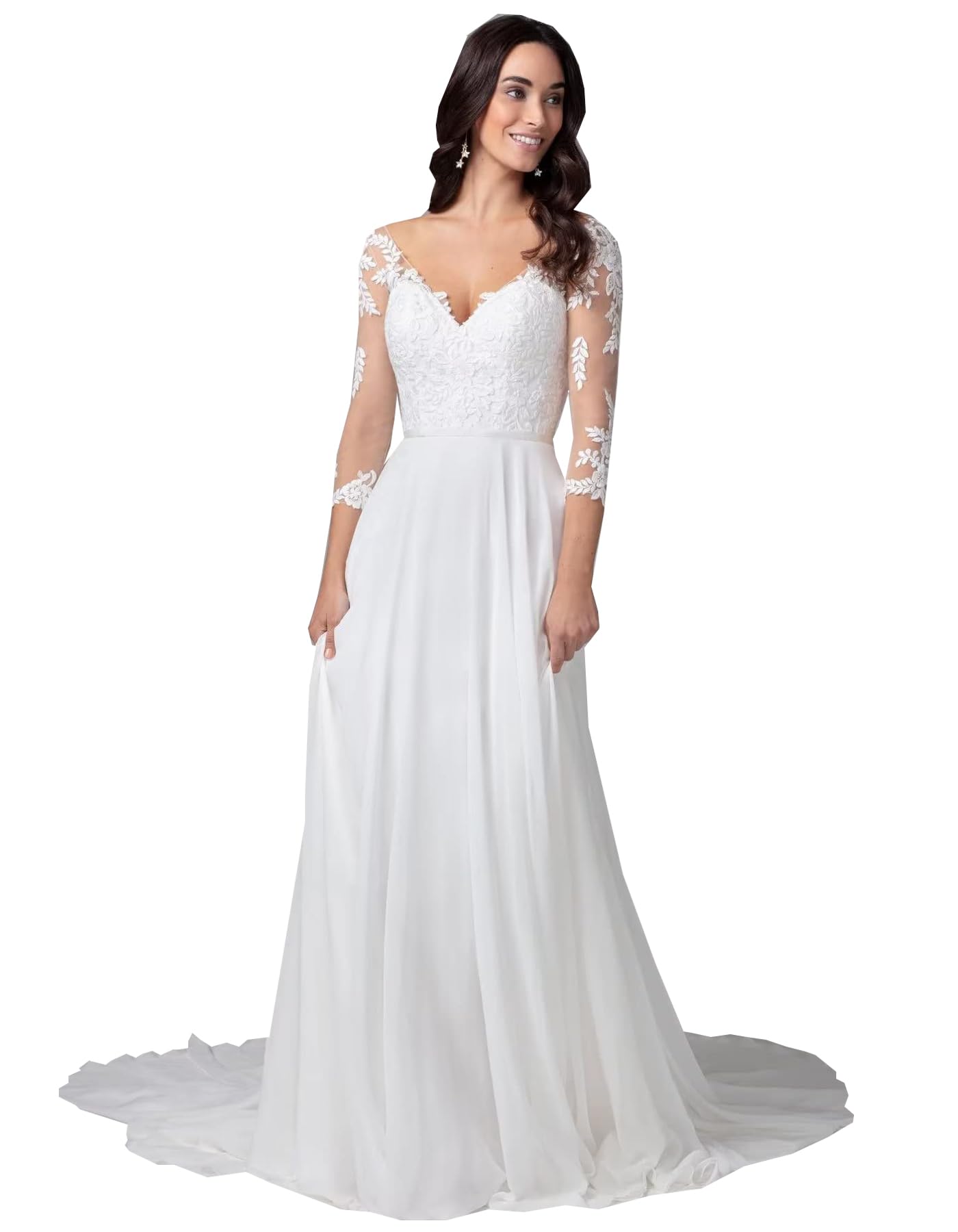 Abito da Sposa Abiti da Sposa Manica Lunga Scollatura a V Ufficio Civile Moda Sposa Abiti da Sposa, Avorio 13, 40