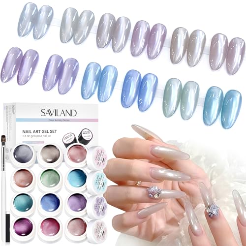 Image of SAVILAND Cat Eye Gel Nail Polish: 12 Colors Shimmer Glitter Cateye Gel Polish Art Delicate Magnetic Nail Polish Pen Quick Dry with Magnet Stick Smooth DIY Manicure Salon Velvet Nails 5ml