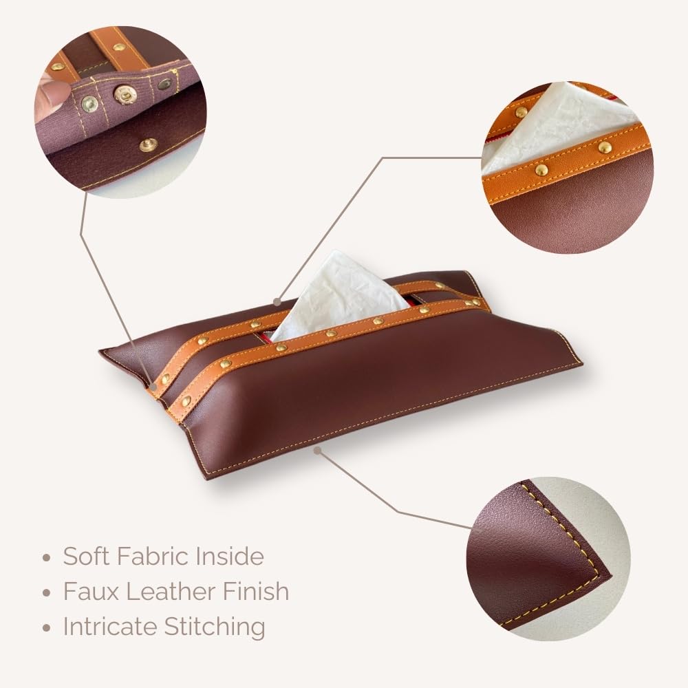 Mason Home Vegan Leather Brown & Tan Tissue Box Sleeve Pack of 1 - L 14" x B 9" | Paper Napkin Holder | Cover for Tissue Case - Holder - Dispenser - Organizer | Home - Office - Table - Desk 3