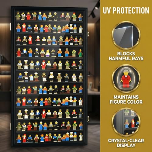 Image of DisplayGifts Building Block Toy Minifigures Miniatures Thimble Display Case Wall Cabinet Standing Plates Included, 2.25 inch Shelf Height UV Protection Door Black Finish Frame