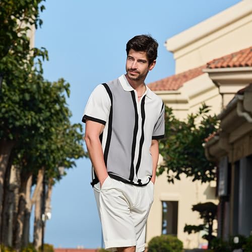 Men's Fashion Knit Polo Shirts Vintage Striped Knitting Shirts Ribbed Slim Fit Golf Shirts3