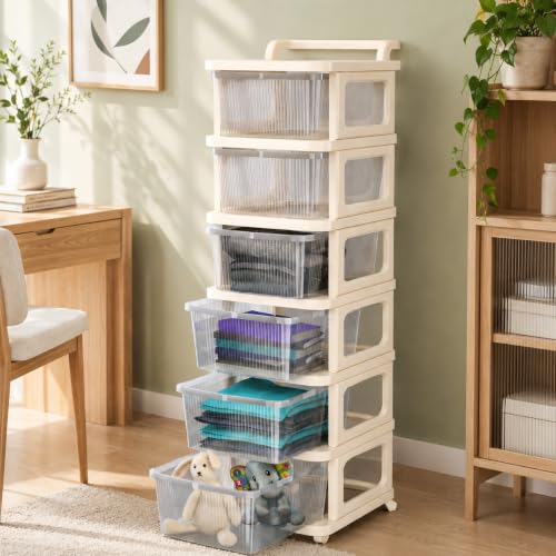 Image of Heavy Duty Plastic Storage Drawer with Wheels | Modular Cabinet for Bedroom, Office, Home or Classroom| Chest of Drawers Organiser for Cosmetics, Kitchen items, Toys (White Transparent, 6)