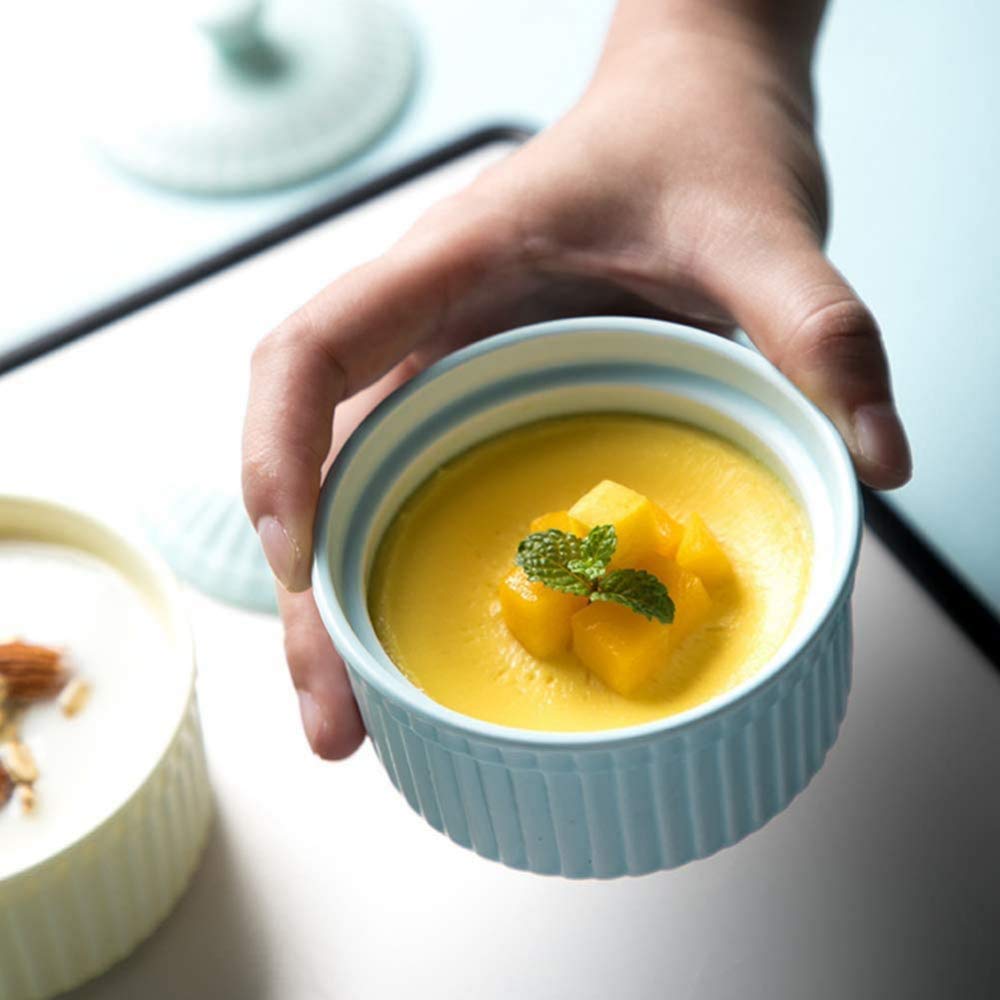 Lot de 5 ramequins en porcelaine pour pâtisserie, mini cocotte avec couvercle, plat de cuisson, bol à pudding, bol à dessert, 5 pièces