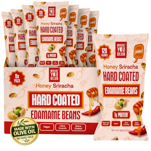 Image of Where You Bean Hard Coated Edamame Beans Snack (Honey Sriracha) - Crunchy and Roasted Edamame Beans Snack - Vegan, Plant Based Protein, Keto Friendly & Healthy Snacks for Adults 0.9 oz (Pack of 8)