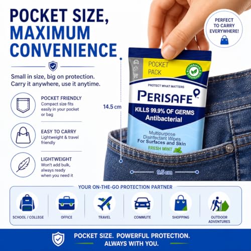 Image of PERISAFE Multipurpose Disinfectant Wipes For Surfaces & Skin | 10 Wipes (Pack of 24) | 100% Biodegradable | Antibacterial | 2-IN-1 | Kills Germs & Cleans Tough Messes | Fresh Mint