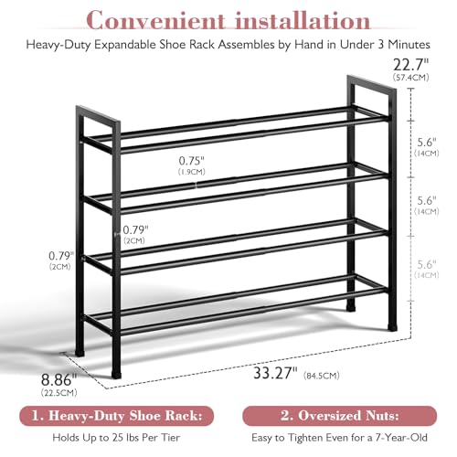 Image of Bumusty Expandable 4 Tier Shoe Organizer Rack For Closet Entryway Garage Dorm Bedroom Living Room Hallway Small Space Floor Door, Black