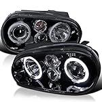 Spec-D Tuning Dual Halo Glossy Black Housing Smoke Lens Projector Headlights Compatible with 1999-2006 Volkswagen Golf MK4, 1999-2006 Volkswagen GTI, Left + Right Pair Headlamps Assembly