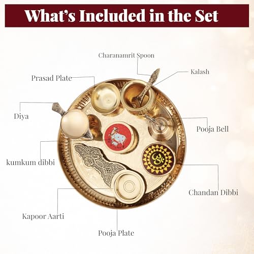 Image of Traditional Brass Puja Thali Set for Mandir & Festivals | Brass Aarti Thali Plate for Bhog, Diya & Pooja Rituals | Ideal for Diwali Navratri Karwa Chauth Home Temple Decor (Set of 9)