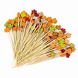 100 palillos de cóctel de otoño de 4.7 pulgadas, hojas, calabazas, bellotas, palillos de dientes decorativos de bambú, palillos de dientes de frutas para otoño, día de Acción de Gracias, fiesta,