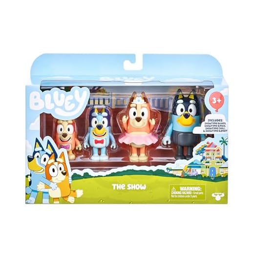 Bluey Showtime Figurine Toys Pack of 4, Articulated Character Toys with Bingo, Bandit, and Chilli Figurines, Small Action Figures for Kids Ages 3+