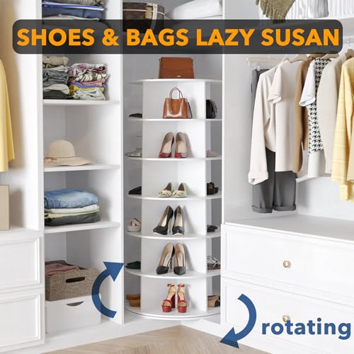 SpaceAid 6 Tier Rotating Shoe Rack Tower, Spinning Shoe Display Lazy Susan, Revolving 360 Shoe Rack Storage Round Carousel, Vertical Handbag Rotate Shoes Closet Organization (6-Tier White)