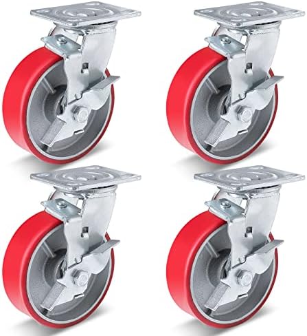 6 Inch Industrial Casters Set of 4 Heavy Duty No Noise Polyurethane Wheel on Steel Hub, Workbench Casters with Brakes 4800 Lbs, Top Plate Swivel Casters for Toolbox Workbench (4 Swivel & Brakes)