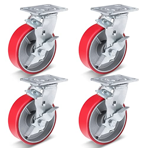 6 Inch Industrial Casters Set Of 4 Heavy Duty No Noise Polyurethane Wheel On Steel Hub, Workbench Casters With Brakes 4800 Lbs, Top Plate Swivel Casters For Toolbox Workbench (4 Swivel & Brakes) #TOP2