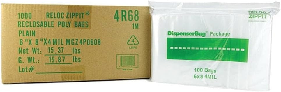 Zippit Resealable Bags, 4 mil, 6 x 8, Clear, 100 Bags/Pack, 10 Packs/Carton