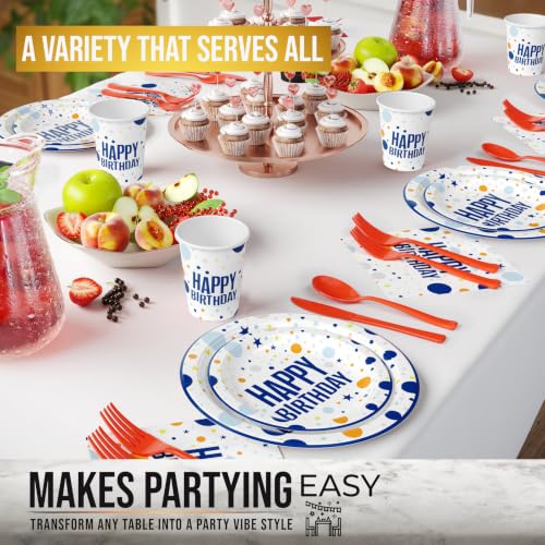 Image of Exquisite 350 Pcs Blue Happy Birthday Plates and Napkins Set, Blue Birthday Plates Set, 50 Of Each 9 inch Dinner Plate, 7 inch Dessert Plate, 12 oz Cups, Napkins & Cutlery Plastic Dinnerware Set Set