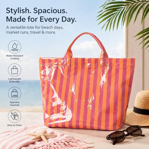 Bolso Tote de PVC a rayas rosa grande impermeable para mujer miniatura 4