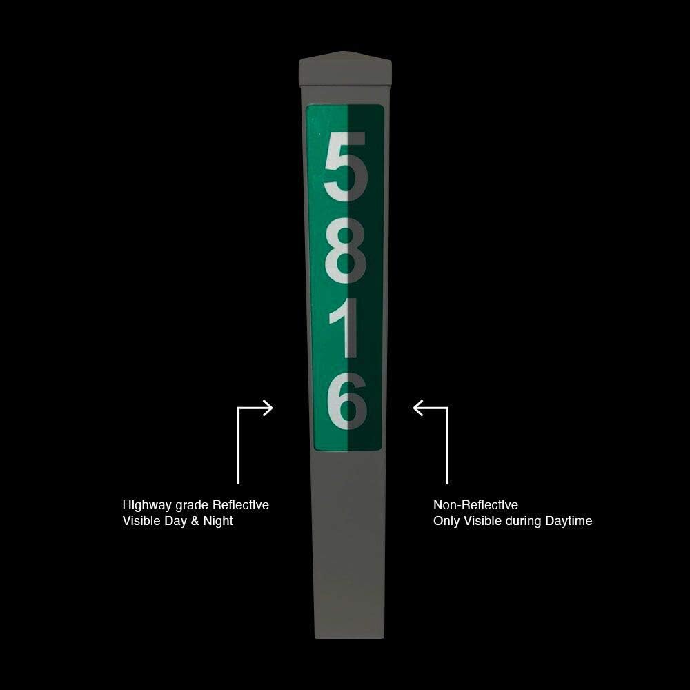 ADDRESSES OF DISTINCTION White Address Post with Reflective Numbers – 32” Tall Customized House Marker - Hardware & Mounting Stake Included - Help Vehicles Find Your Home (Hampshire, Green Reflective)