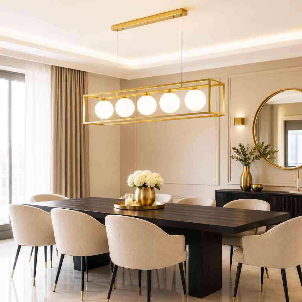 Lampadario a Sospensione Oro con 5 Sfere in polietilene Opalino