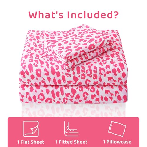 Image of Mooreeke Leopard Cheetah Printed Twin Bed Sheets, Soft Microfiber Bedding Sheets & Pillowcases, Deep Pocket Non-Slip Fitted Twin Sheet, Pink Animal Pattern Bedsheets