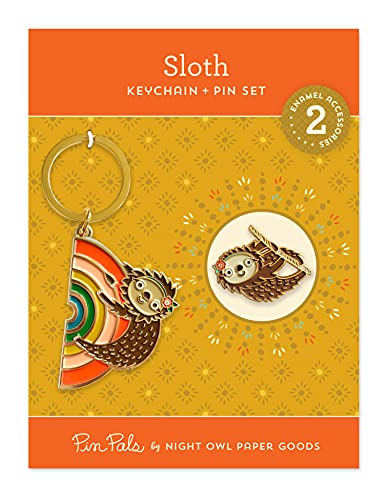 Night Owl Paper Goods Sloth Keychain & Enamel Pin Gift Set, Gold 2 Piece