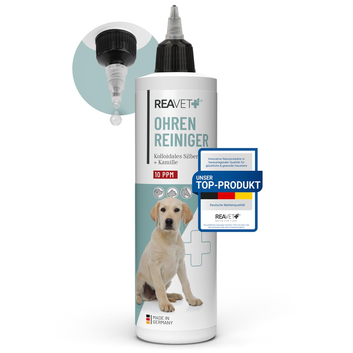 ReaVET Nettoyeur d'oreille pour Chiens et Chats 250 ML – Nettoyeur d'oreille avec Argent colloïdal + Camomille Naturelle I Moyens pour Nettoyer Les Oreilles pour Chien, Chat, Cheval