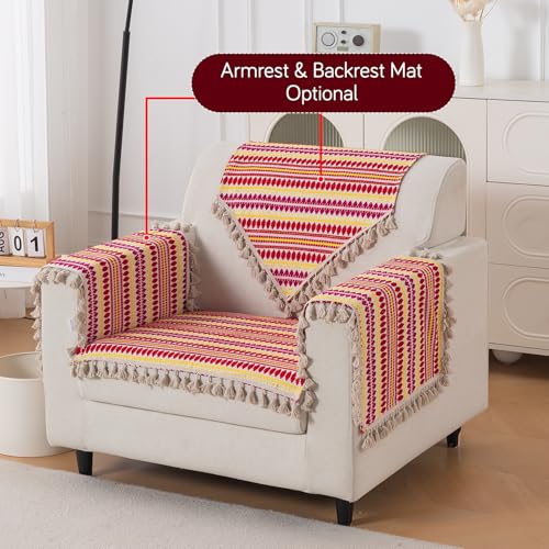 Image of HOKIPO 'Artisan Boho Series' 1 Seater Sofa Cover Mat | 450 GSM Cotton Acrylic Jacquard with Tassel, Ruby Red (IN-901-A6*S)