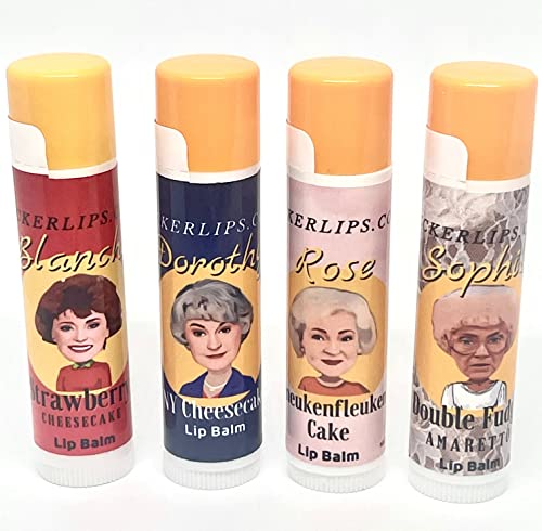 The Golden Girls Gifts Lip Balm Gift Set - Blanche Dorothy Rose and Sophia - Golden Girl Party Favor Stocking Stuffer Secret Santa - 4 dessert flavors included - 4g tubes