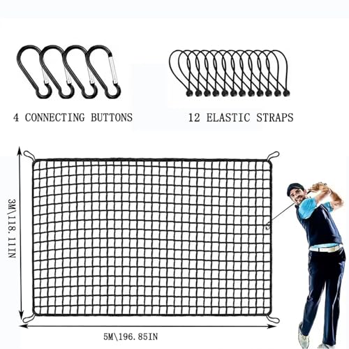 Golf Übungszaunnetz 3m x 5m,Schwarzes Polyethylen-Netz mit 2,54cm Maschen und verstärkten Kanten,Inklusive 12 Ballbänder und 4 Karabiner,Leichtes Aufbauen für Golfschwungübungen in Garage oder Garten