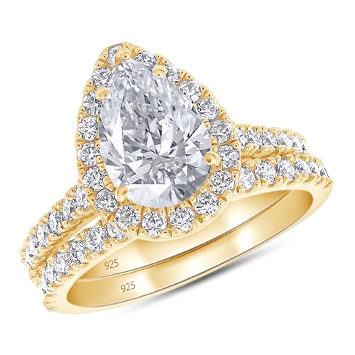 Halo Engagement Bridal Ring Set For Women 9X6MM Pear Center And Round Cut Lab Created Moissanite & Lab Grown Diamond Teardrop In 925 Sterling Silver,10K & 14K Solid Gold Wedding Jewelry 2 Cttw