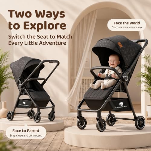 Image of StarAndDaisy Stroller for Baby, Foldable Baby Stroller with Reversible Seat, 3 Recline Positions, 5-Point Safety Harness, Adjustable Footrest, Large Canopy & Storage Basket