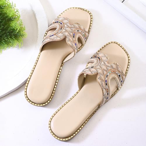 Image of Centrino Women's Beaded Flat Sandals | Stylish Gold Crystal Slip-On with Ornate Cutout Design | Soft Cushioned Footbed |Elegant & Trendy Open Toe Slip-On | Luxury Footwear for Wedding /Party (9301)