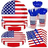175 Pcs USA Flag Tableware Set - Serves 25, Patriotic American Flag Disposable Plates, Cups, Napkins, Forks, Spoons, Knives for 4th of July, Memorial Day, Veterans Day, Independence Day Party Supplies