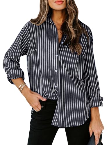 Womens Button Down Shirts Cotton Striped Dress Shirt Long Sleeve Collared Office Work Pinstripes Blouses Tops